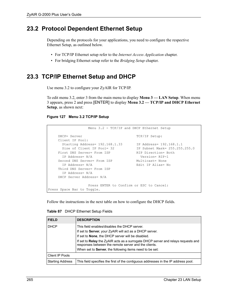 2 protocol dependent ethernet setup, 3 tcp/ip ethernet setup and dhcp, Figure 127 menu 3.2 tcp/ip setup | Table 87 dhcp ethernet setup fields | ZyXEL Communications G-2000 Plus User Manual | Page 266 / 430