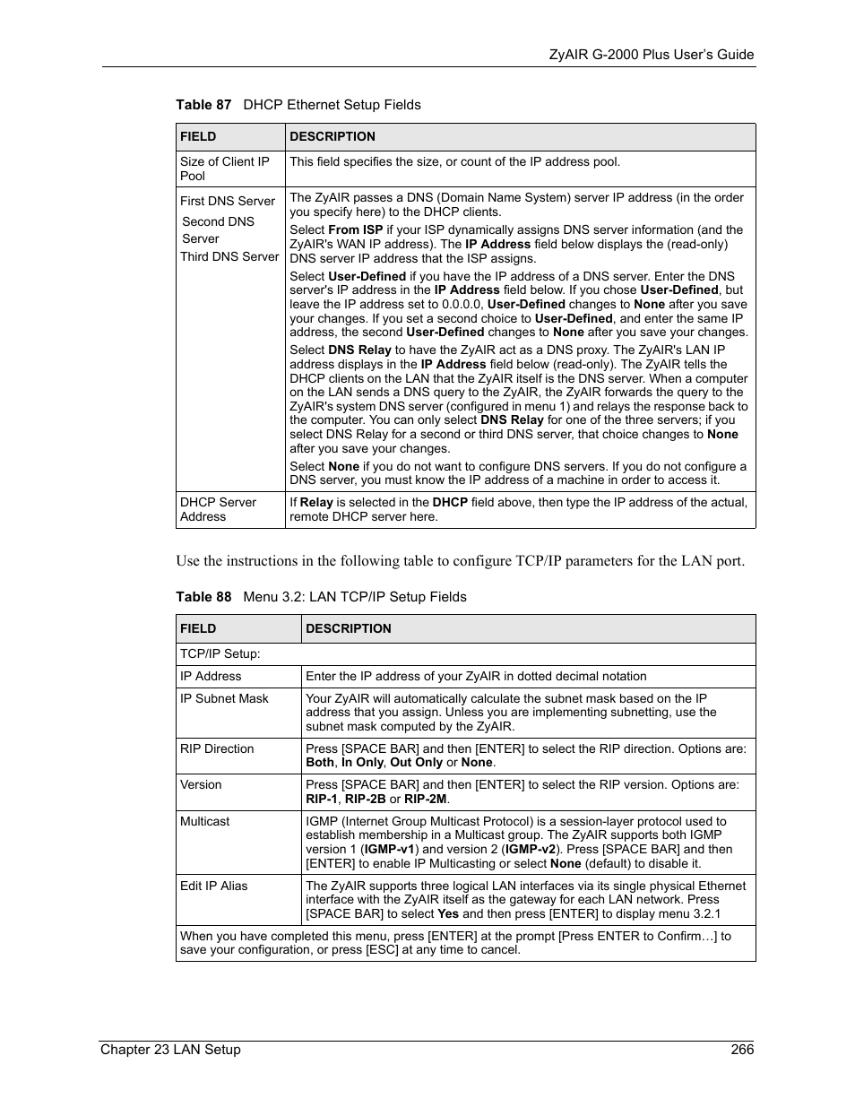 Table 88 menu 3.2: lan tcp/ip setup fields | ZyXEL Communications G-2000 Plus User Manual | Page 267 / 430