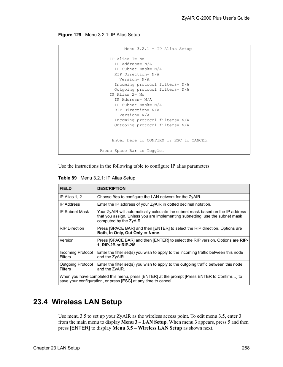 4 wireless lan setup, Figure 129 menu 3.2.1: ip alias setup, Table 89 menu 3.2.1: ip alias setup | ZyXEL Communications G-2000 Plus User Manual | Page 269 / 430