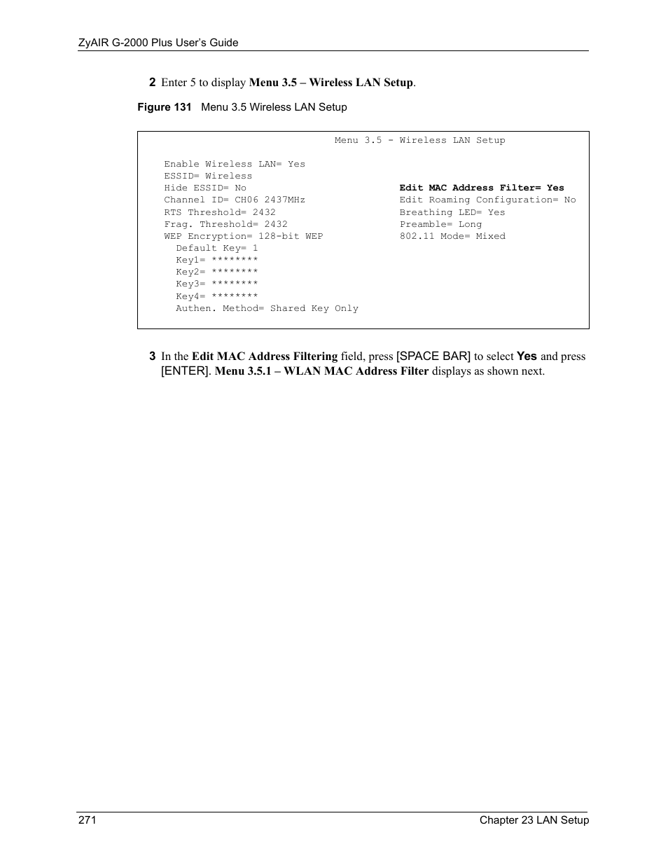 Figure 131 menu 3.5 wireless lan setup | ZyXEL Communications G-2000 Plus User Manual | Page 272 / 430