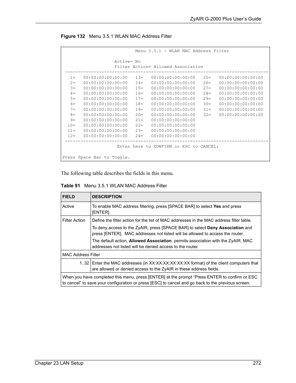 Figure 132 menu 3.5.1 wlan mac address filter, Table 91 menu 3.5.1 wlan mac address filter | ZyXEL Communications G-2000 Plus User Manual | Page 273 / 430