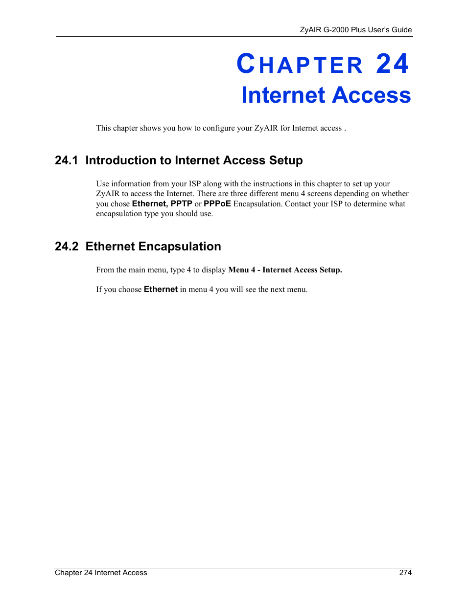Internet access, 1 introduction to internet access setup, 2 ethernet encapsulation | Chapter 24 internet access | ZyXEL Communications G-2000 Plus User Manual | Page 275 / 430