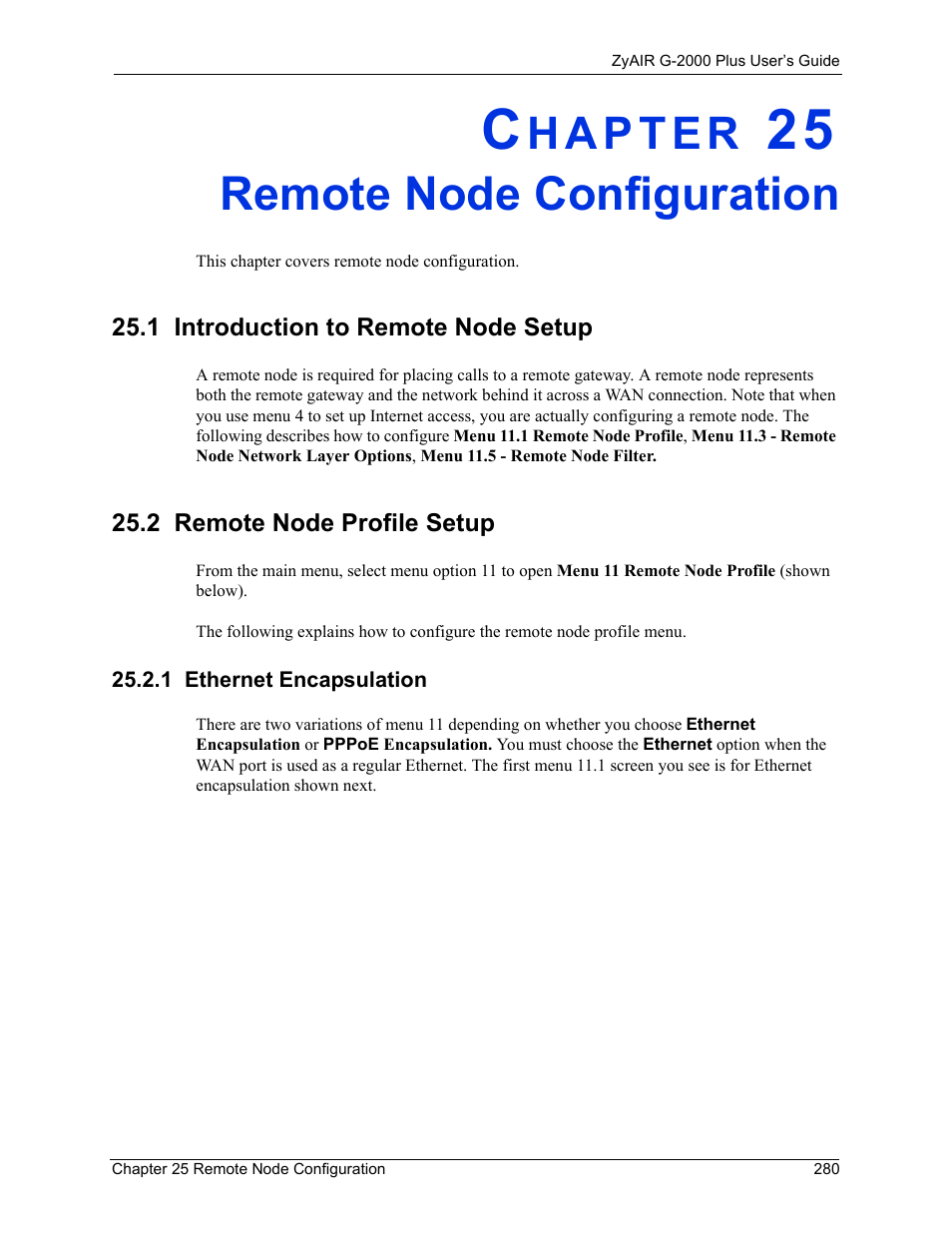 Remote node configuration, 1 introduction to remote node setup, 2 remote node profile setup | 1 ethernet encapsulation, Chapter 25 remote node configuration | ZyXEL Communications G-2000 Plus User Manual | Page 281 / 430