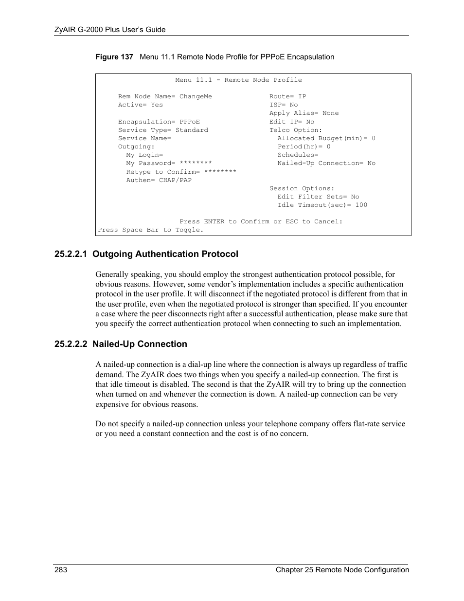 1 outgoing authentication protocol, 2 nailed-up connection | ZyXEL Communications G-2000 Plus User Manual | Page 284 / 430