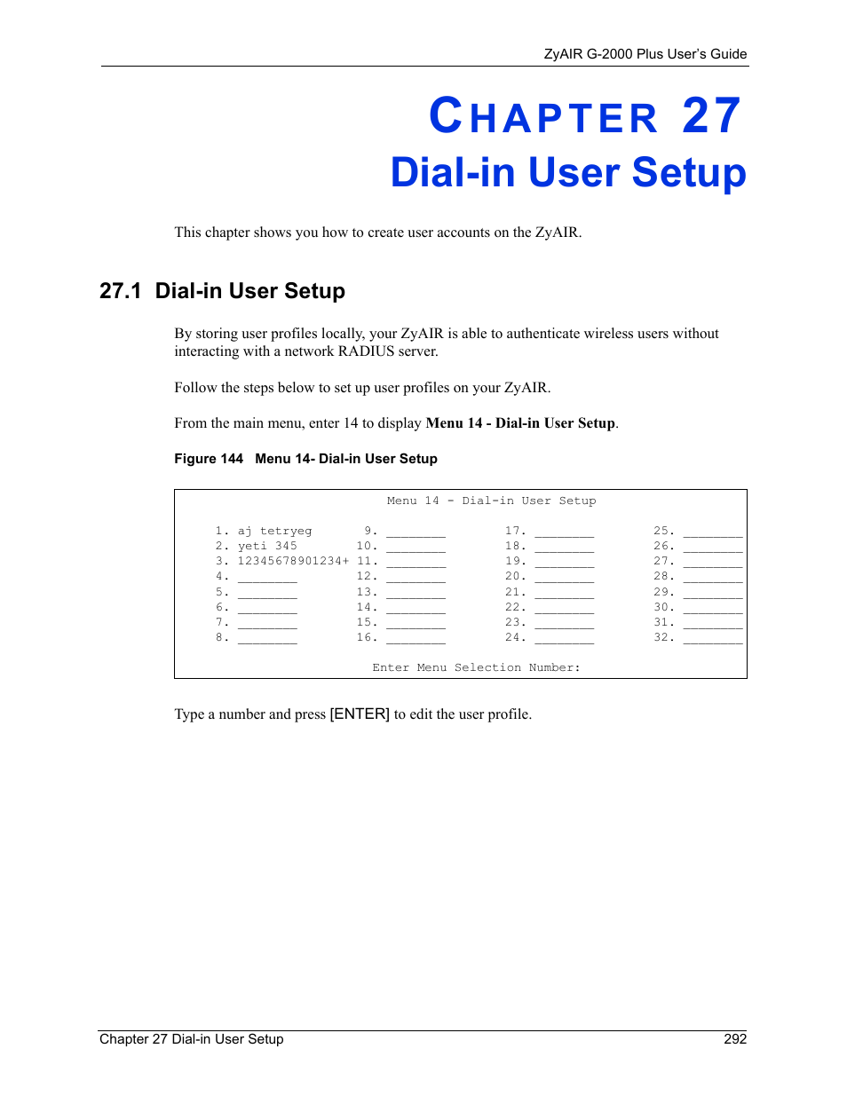 Dial-in user setup, 1 dial-in user setup, Chapter 27 dial-in user setup | Figure 144 menu 14- dial-in user setup | ZyXEL Communications G-2000 Plus User Manual | Page 293 / 430