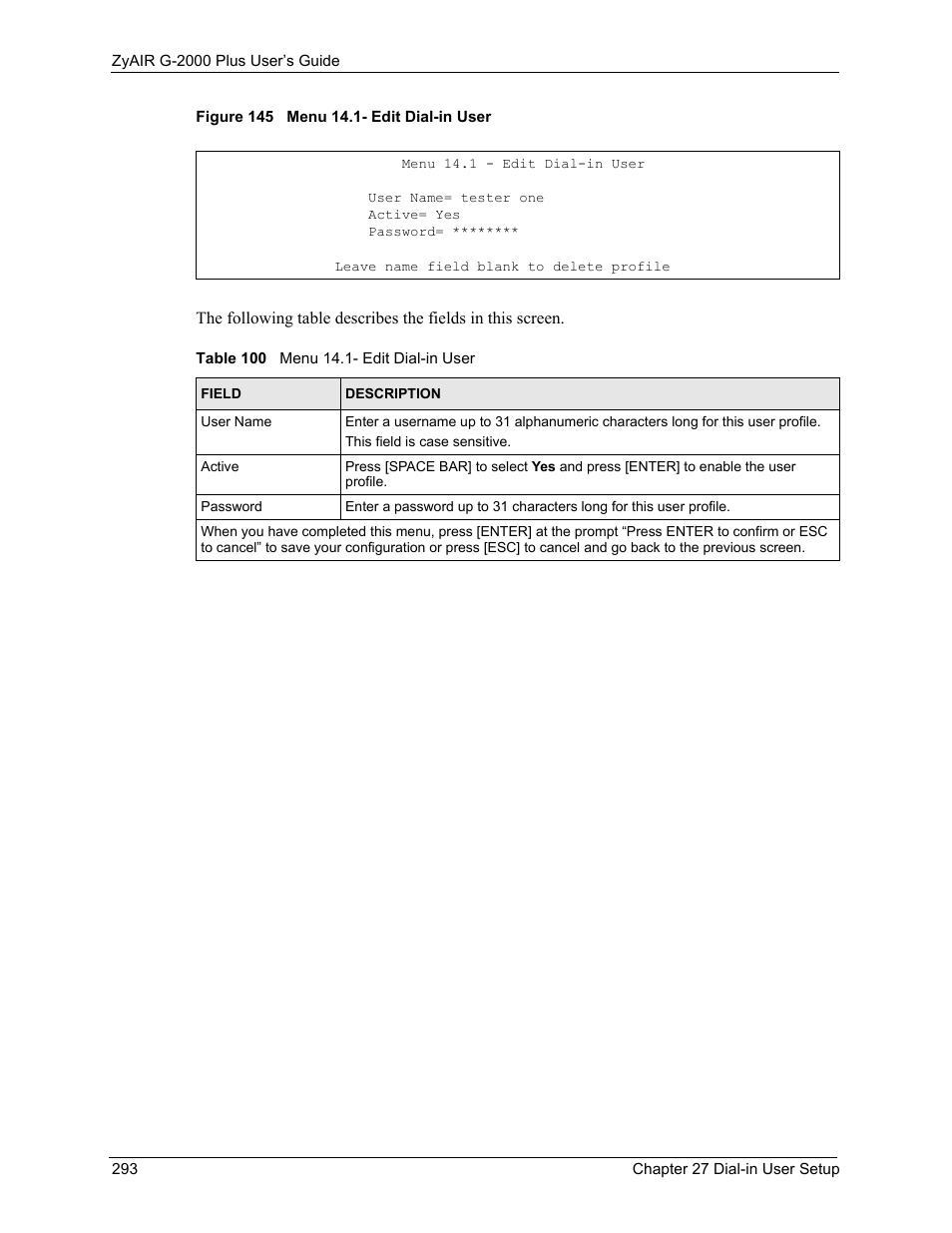 Figure 145 menu 14.1- edit dial-in user, Table 100 menu 14.1- edit dial-in user | ZyXEL Communications G-2000 Plus User Manual | Page 294 / 430