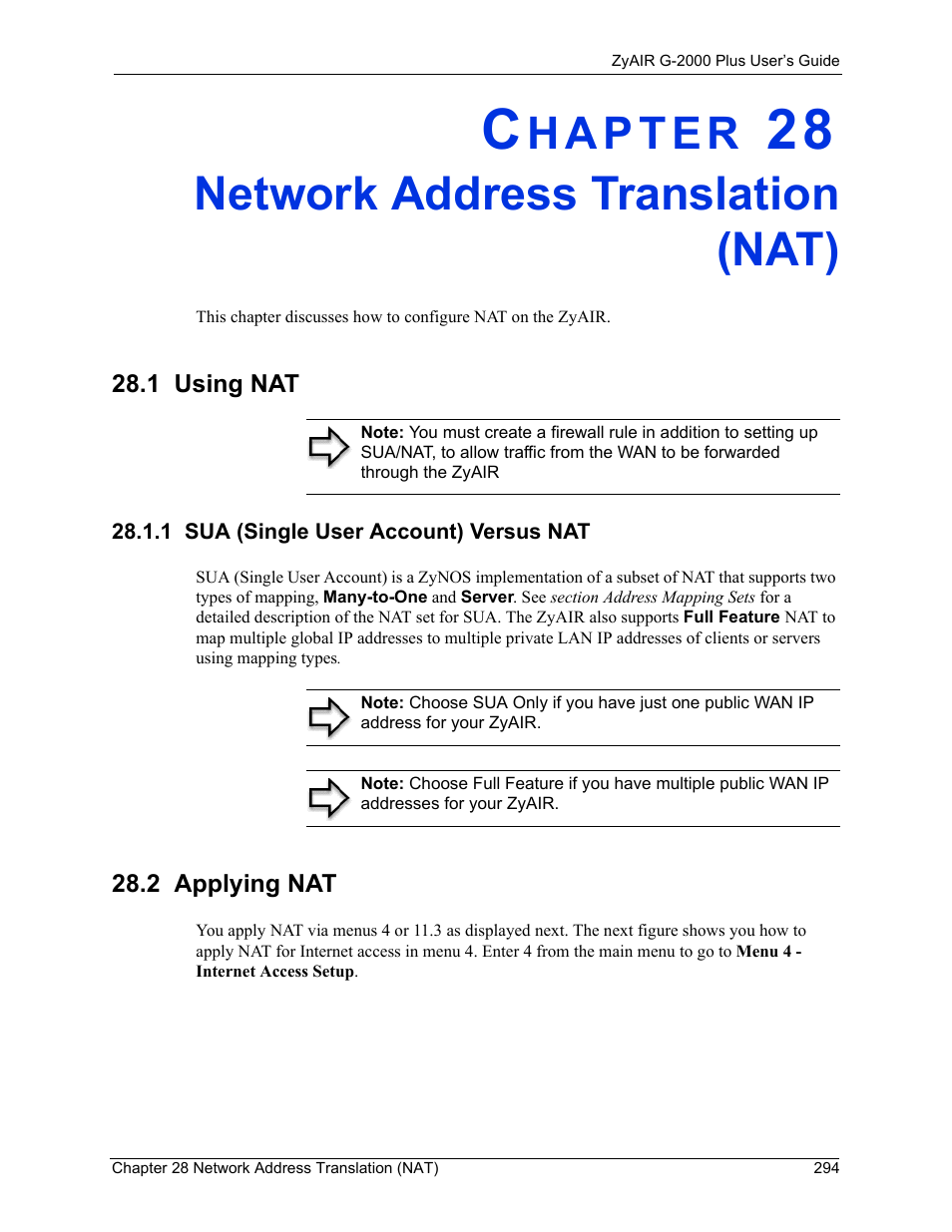 Network address translation (nat), 1 using nat, 1 sua (single user account) versus nat | 2 applying nat, Chapter 28 network address translation (nat) | ZyXEL Communications G-2000 Plus User Manual | Page 295 / 430