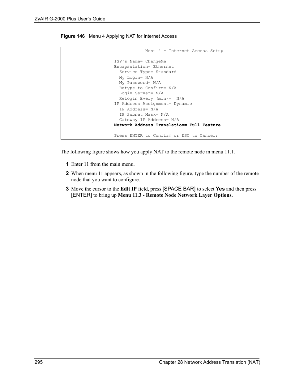 Figure 146 menu 4 applying nat for internet access | ZyXEL Communications G-2000 Plus User Manual | Page 296 / 430