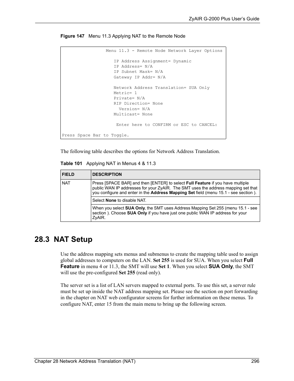 3 nat setup, Table 101 applying nat in menus 4 & 11.3 | ZyXEL Communications G-2000 Plus User Manual | Page 297 / 430