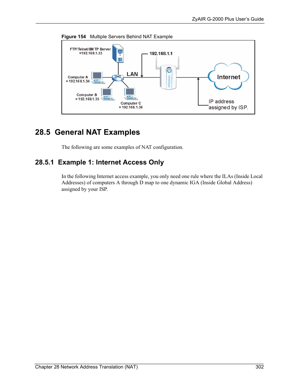 5 general nat examples, 1 example 1: internet access only, Figure 154 multiple servers behind nat example | ZyXEL Communications G-2000 Plus User Manual | Page 303 / 430