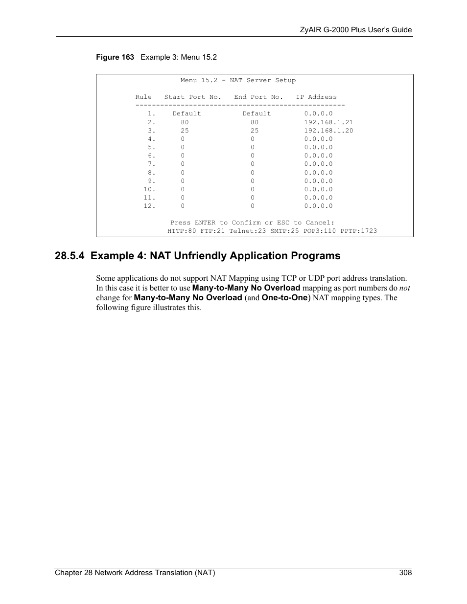 4 example 4: nat unfriendly application programs, Figure 163 example 3: menu 15.2 | ZyXEL Communications G-2000 Plus User Manual | Page 309 / 430