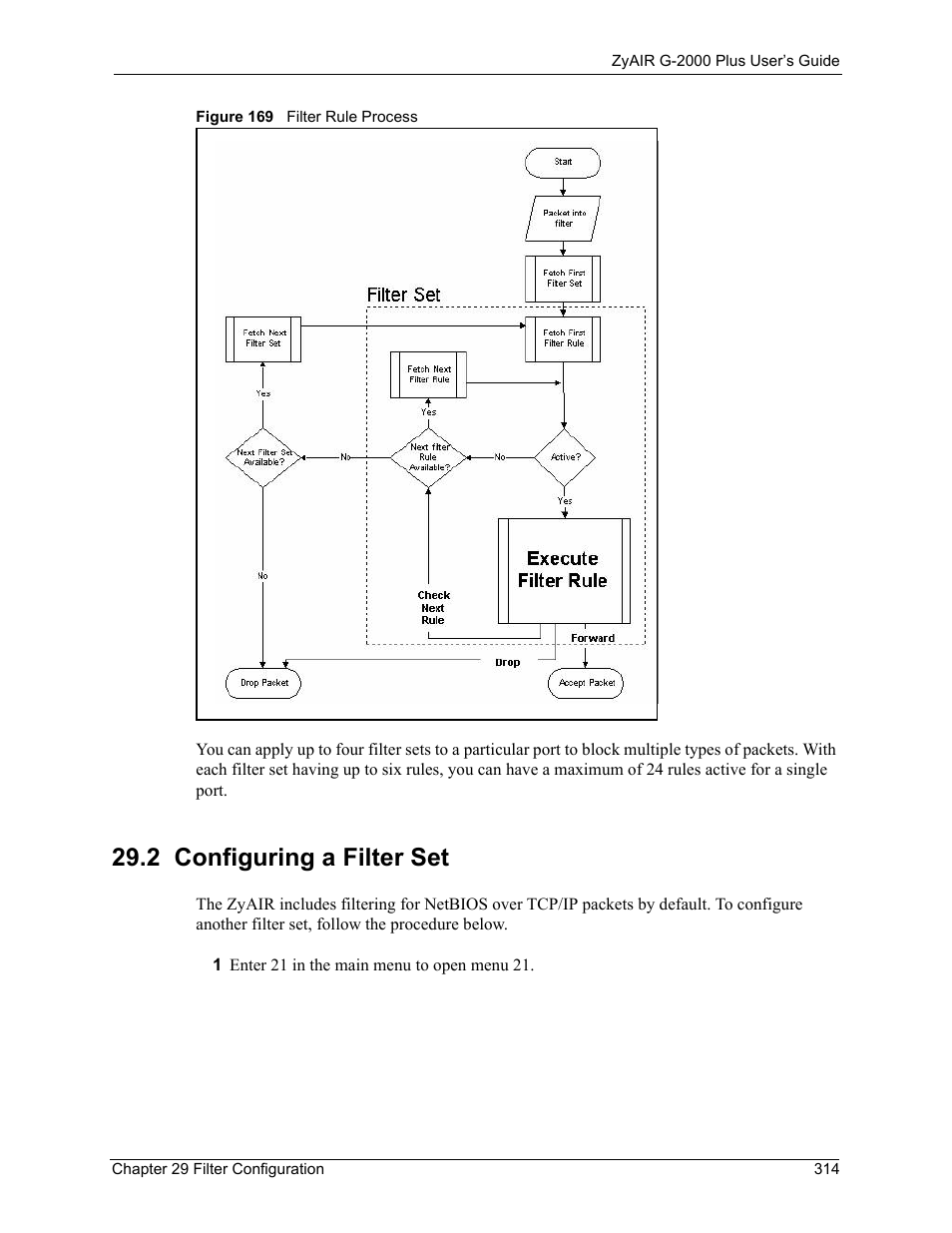 2 configuring a filter set, Figure 169 filter rule process | ZyXEL Communications G-2000 Plus User Manual | Page 315 / 430