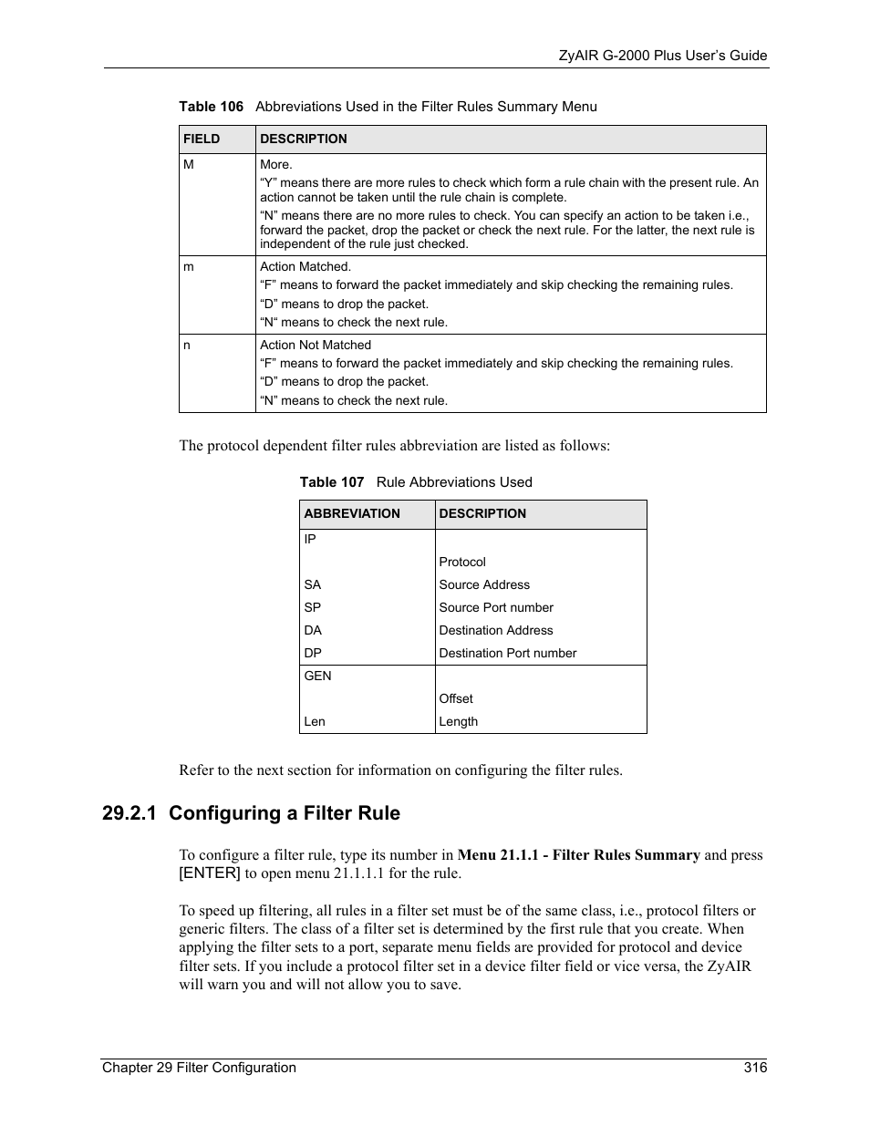 1 configuring a filter rule, Table 107 rule abbreviations used | ZyXEL Communications G-2000 Plus User Manual | Page 317 / 430