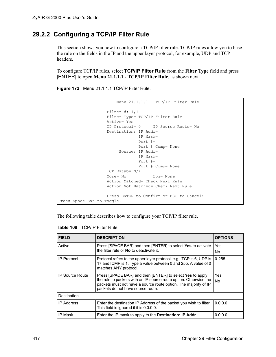 2 configuring a tcp/ip filter rule, Figure 172 menu 21.1.1.1 tcp/ip filter rule, Table 108 tcp/ip filter rule | ZyXEL Communications G-2000 Plus User Manual | Page 318 / 430