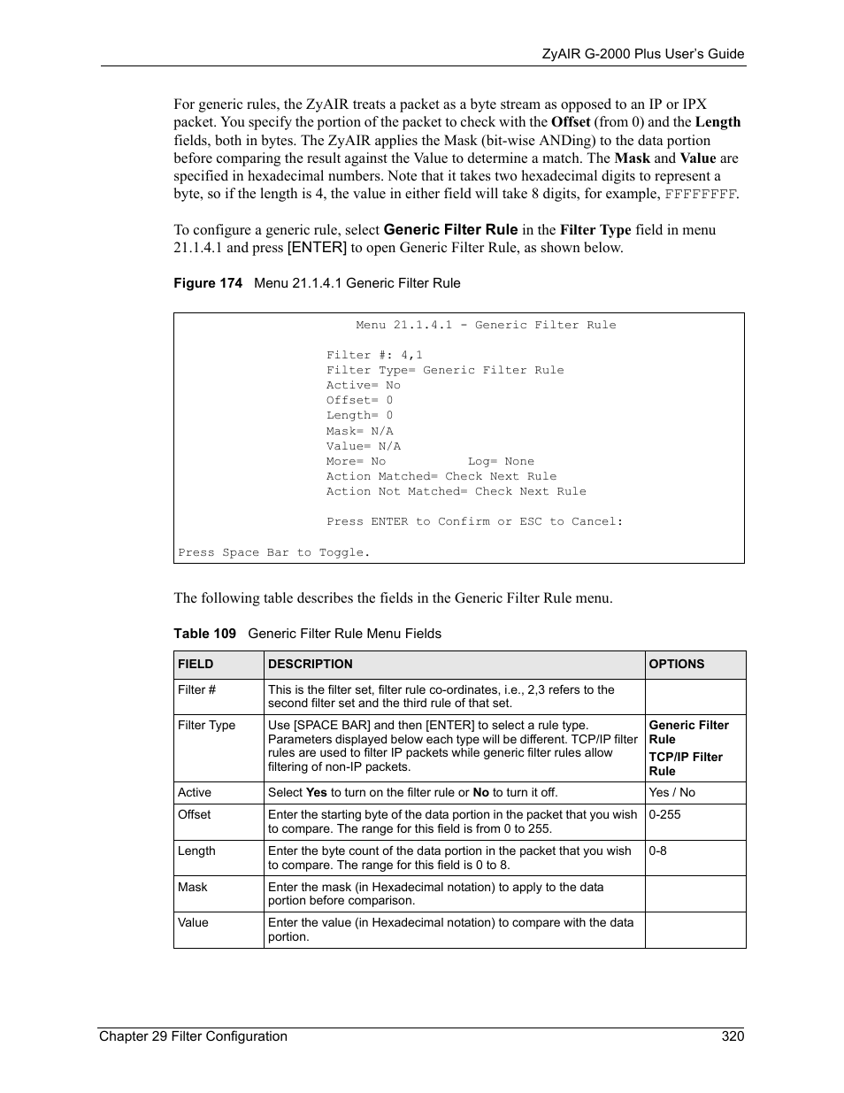 Figure 174 menu 21.1.4.1 generic filter rule, Table 109 generic filter rule menu fields | ZyXEL Communications G-2000 Plus User Manual | Page 321 / 430