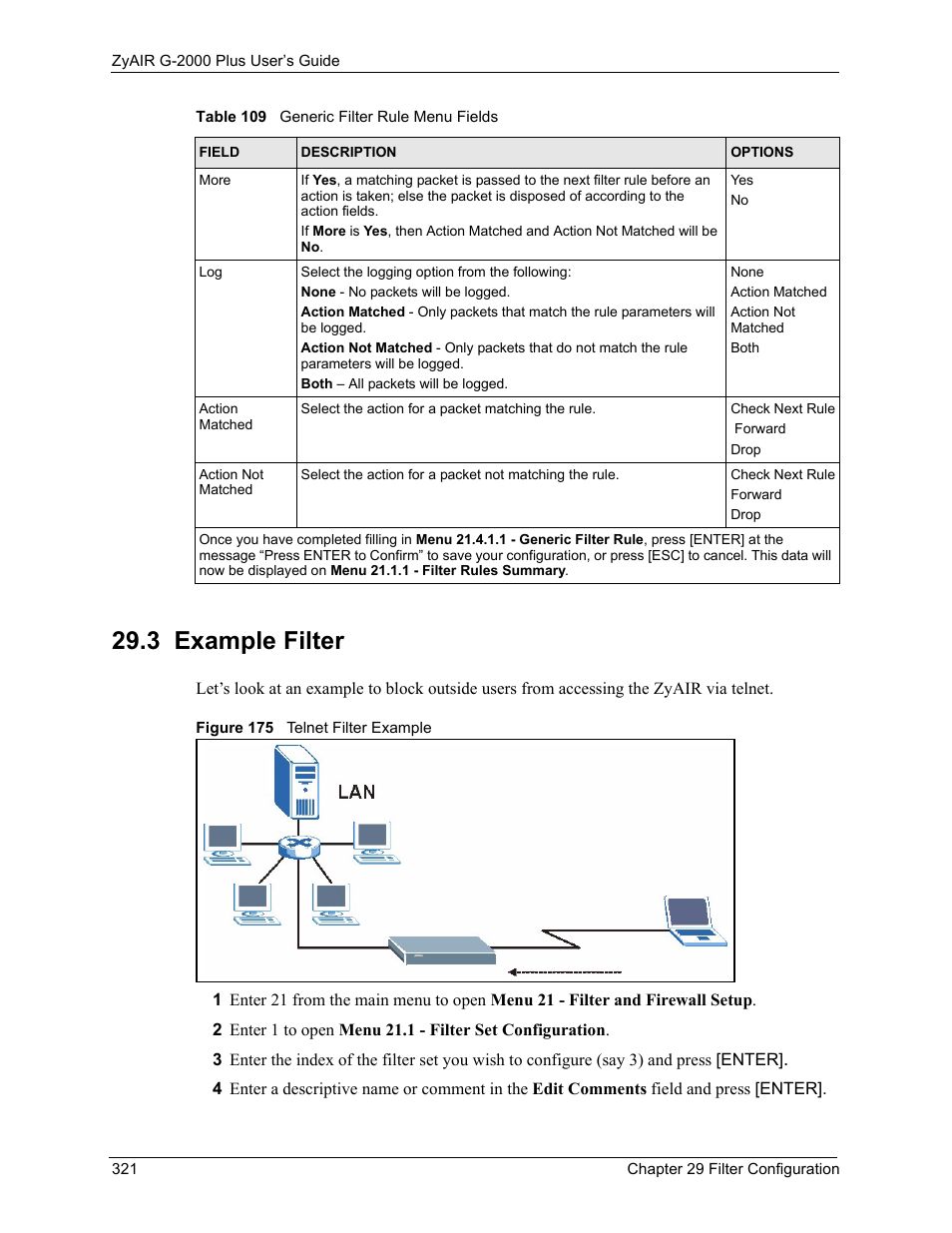 3 example filter, Figure 175 telnet filter example | ZyXEL Communications G-2000 Plus User Manual | Page 322 / 430