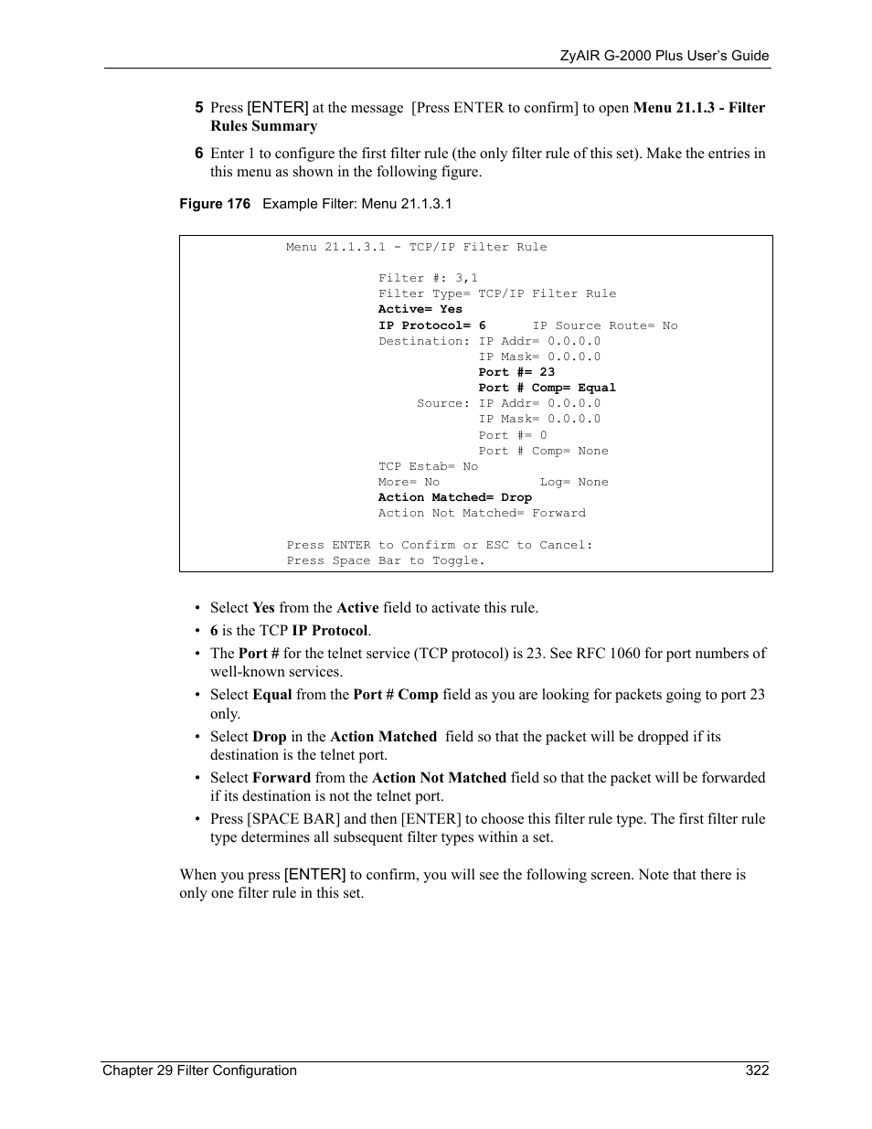 Figure 176 example filter: menu 21.1.3.1 | ZyXEL Communications G-2000 Plus User Manual | Page 323 / 430