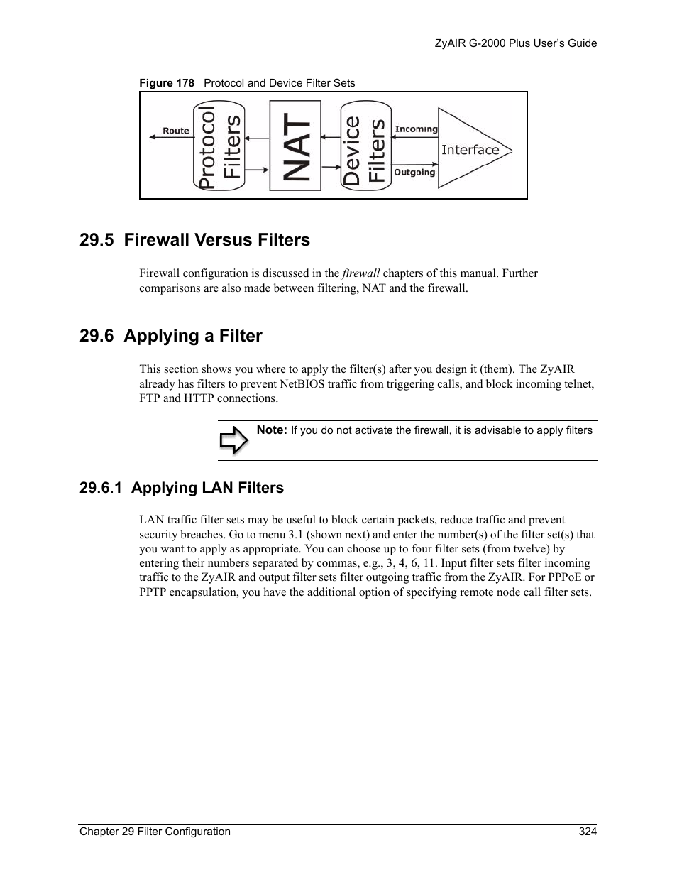 5 firewall versus filters, 6 applying a filter, 1 applying lan filters | 5 firewall versus filters 29.6 applying a filter, Figure 178 protocol and device filter sets | ZyXEL Communications G-2000 Plus User Manual | Page 325 / 430