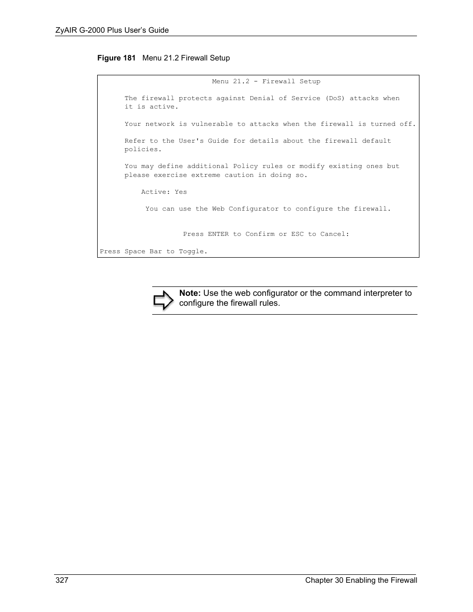 Figure 181 menu 21.2 firewall setup | ZyXEL Communications G-2000 Plus User Manual | Page 328 / 430