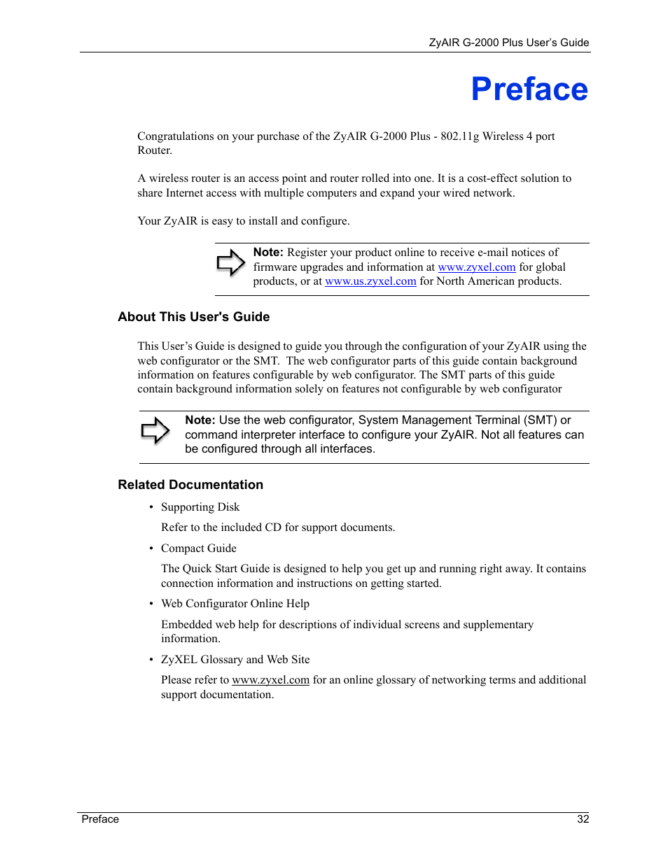 Preface, About this user's guide, Related documentation | ZyXEL Communications G-2000 Plus User Manual | Page 33 / 430