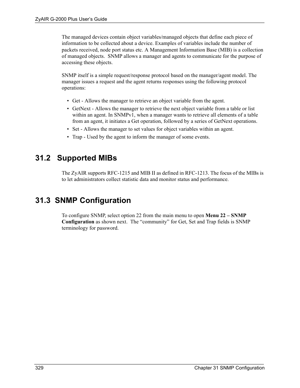2 supported mibs, 3 snmp configuration, 2 supported mibs 31.3 snmp configuration | ZyXEL Communications G-2000 Plus User Manual | Page 330 / 430