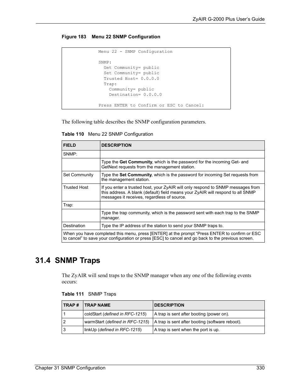 4 snmp traps, Figure 183 menu 22 snmp configuration | ZyXEL Communications G-2000 Plus User Manual | Page 331 / 430