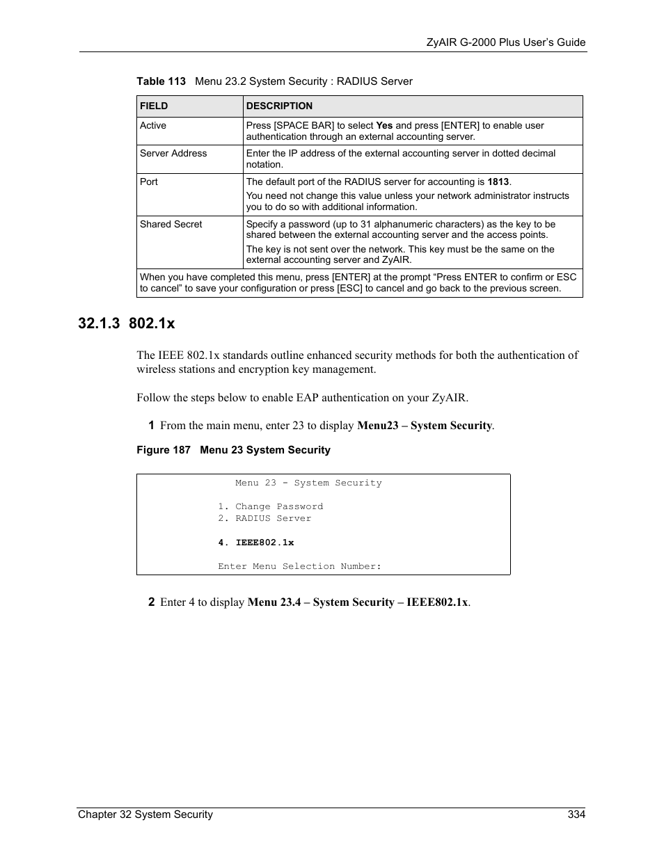 3 802.1x, Figure 187 menu 23 system security | ZyXEL Communications G-2000 Plus User Manual | Page 335 / 430