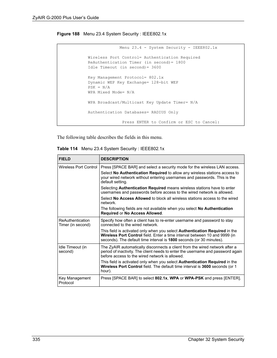 Figure 188 menu 23.4 system security : ieee802.1x, Table 114 menu 23.4 system security : ieee802.1x | ZyXEL Communications G-2000 Plus User Manual | Page 336 / 430