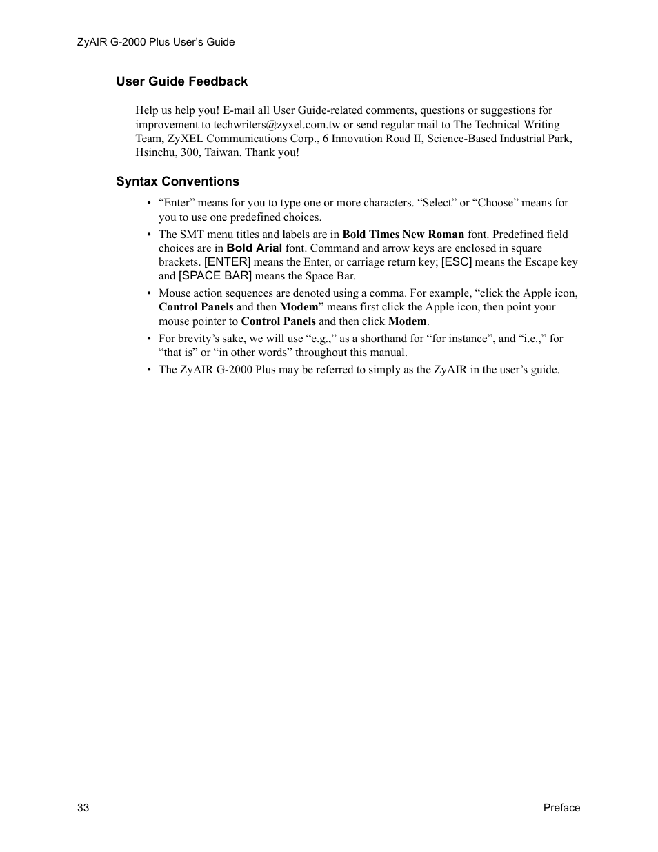 User guide feedback, Syntax conventions | ZyXEL Communications G-2000 Plus User Manual | Page 34 / 430