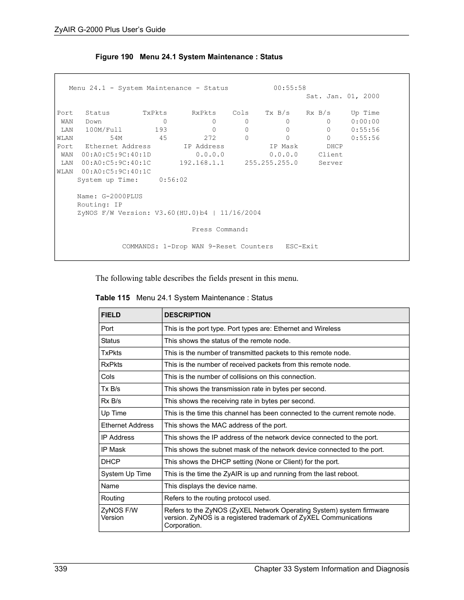 Figure 190 menu 24.1 system maintenance : status, Table 115 menu 24.1 system maintenance : status | ZyXEL Communications G-2000 Plus User Manual | Page 340 / 430