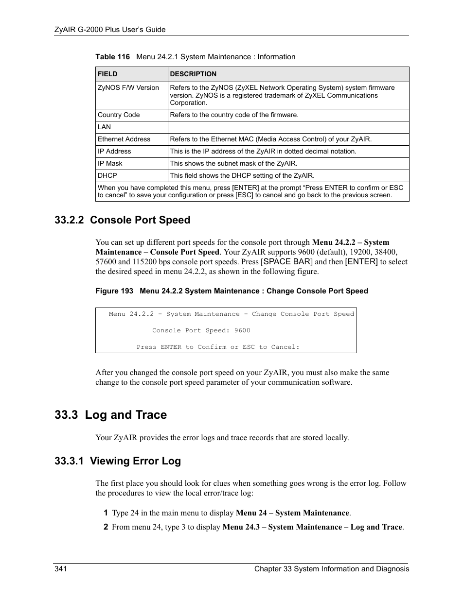 2 console port speed, 3 log and trace, 1 viewing error log | ZyXEL Communications G-2000 Plus User Manual | Page 342 / 430