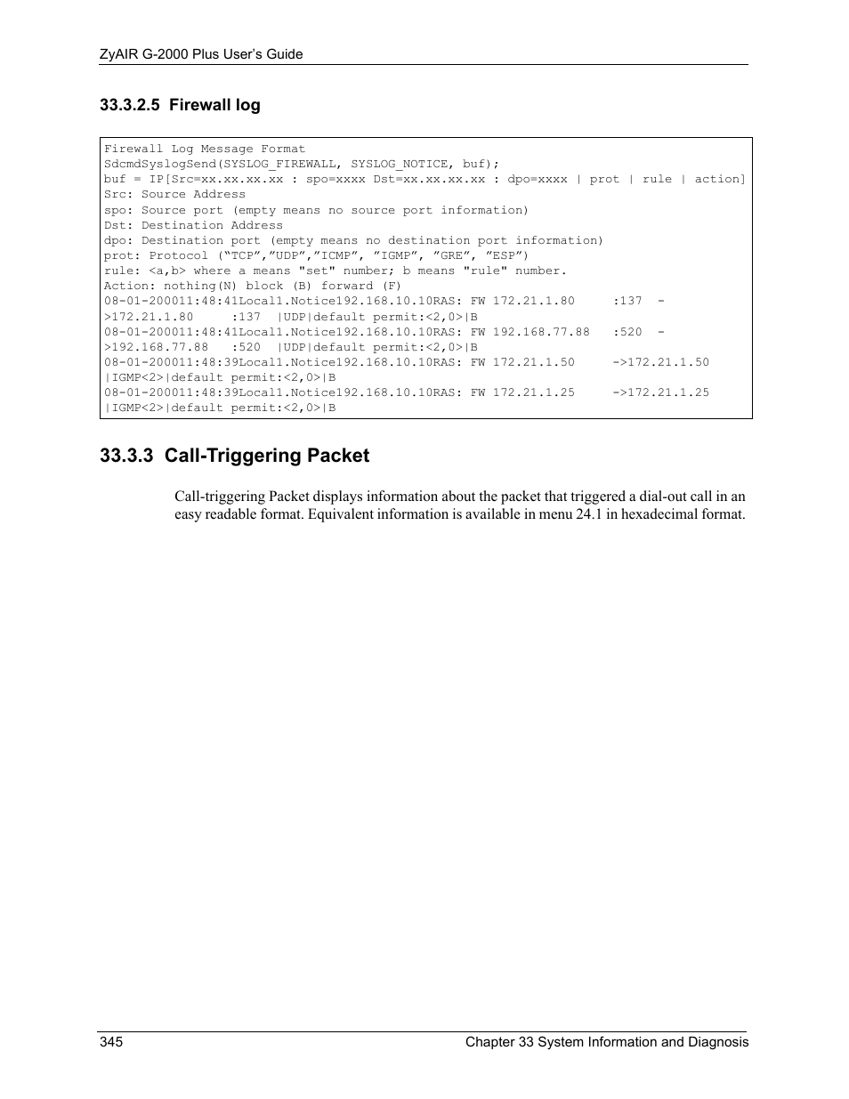 5 firewall log, 3 call-triggering packet | ZyXEL Communications G-2000 Plus User Manual | Page 346 / 430