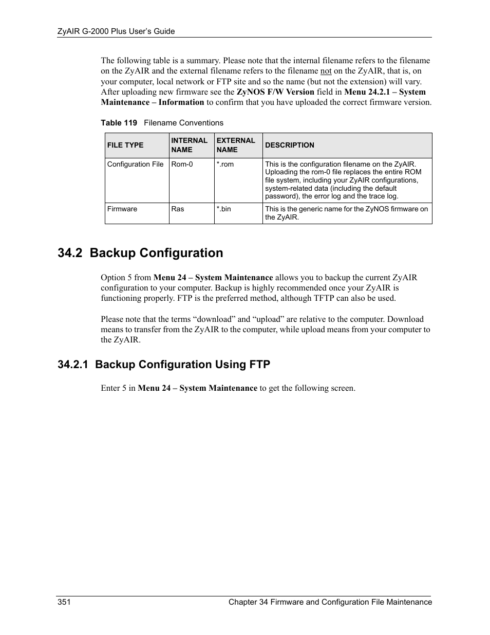2 backup configuration, 1 backup configuration using ftp, Table 119 filename conventions | ZyXEL Communications G-2000 Plus User Manual | Page 352 / 430