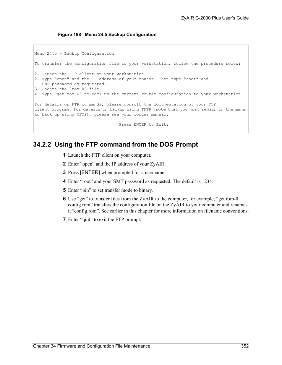 2 using the ftp command from the dos prompt, Figure 198 menu 24.5 backup configuration | ZyXEL Communications G-2000 Plus User Manual | Page 353 / 430