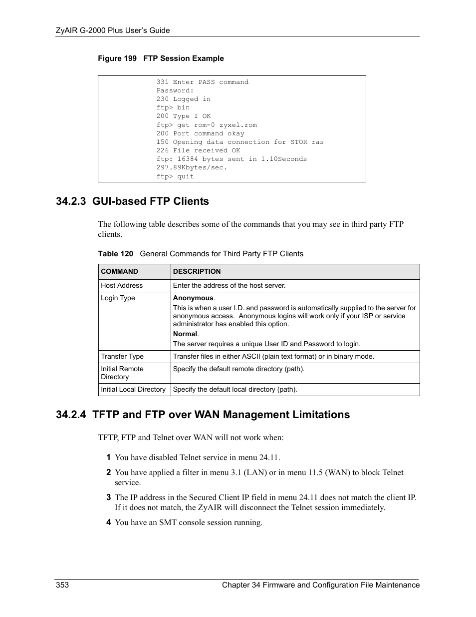 3 gui-based ftp clients, 4 tftp and ftp over wan management limitations, Figure 199 ftp session example | ZyXEL Communications G-2000 Plus User Manual | Page 354 / 430