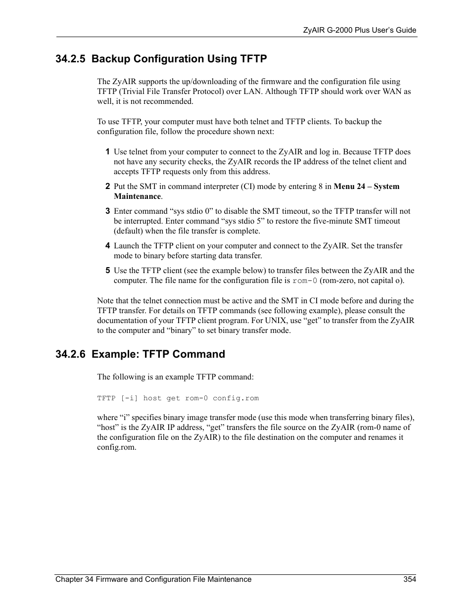 5 backup configuration using tftp, 6 example: tftp command | ZyXEL Communications G-2000 Plus User Manual | Page 355 / 430