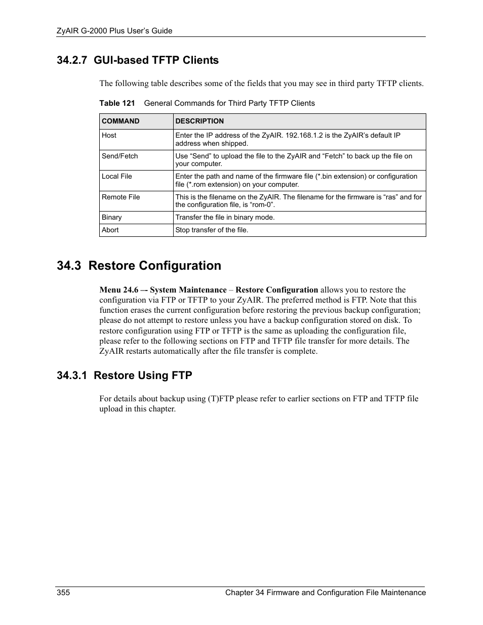 7 gui-based tftp clients, 3 restore configuration, 1 restore using ftp | ZyXEL Communications G-2000 Plus User Manual | Page 356 / 430