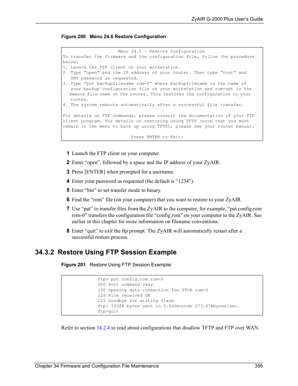 2 restore using ftp session example | ZyXEL Communications G-2000 Plus User Manual | Page 357 / 430
