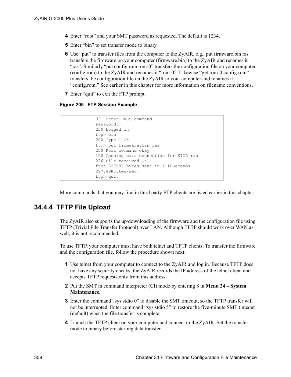 4 tftp file upload, Figure 205 ftp session example | ZyXEL Communications G-2000 Plus User Manual | Page 360 / 430
