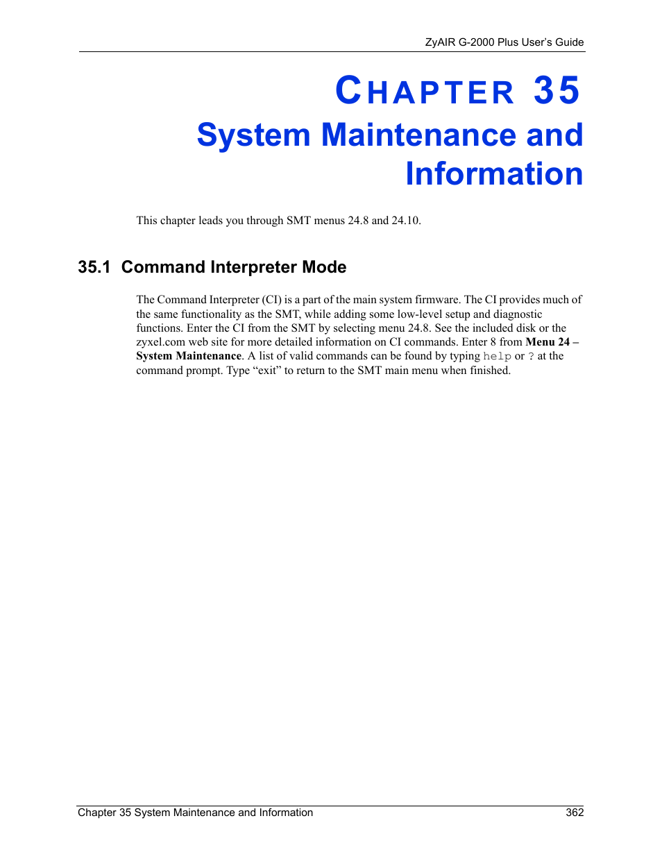 System maintenance and information, 1 command interpreter mode, Chapter 35 system maintenance and information | ZyXEL Communications G-2000 Plus User Manual | Page 363 / 430