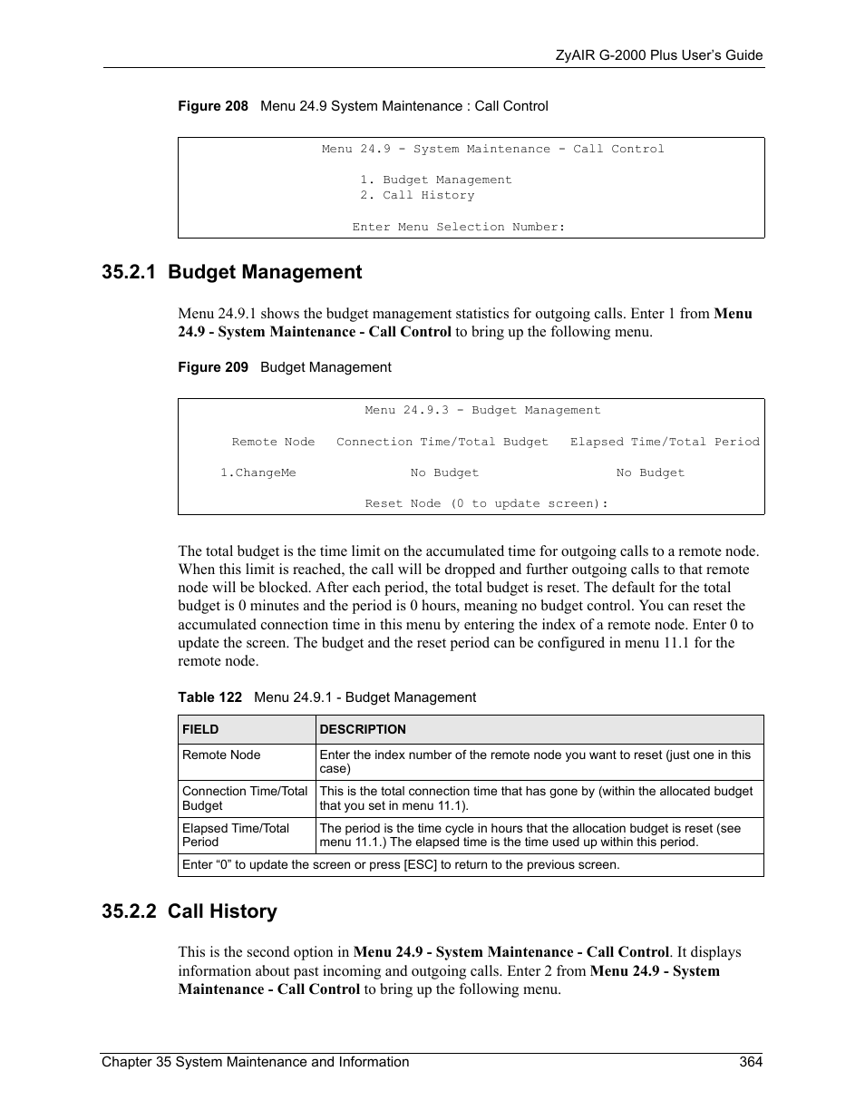 1 budget management, 2 call history, 1 budget management 35.2.2 call history | Figure 209 budget management, Table 122 menu 24.9.1 - budget management | ZyXEL Communications G-2000 Plus User Manual | Page 365 / 430