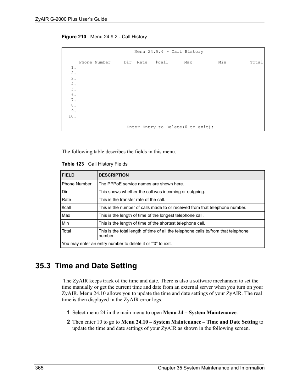 3 time and date setting, Figure 210 menu 24.9.2 - call history, Table 123 call history fields | ZyXEL Communications G-2000 Plus User Manual | Page 366 / 430