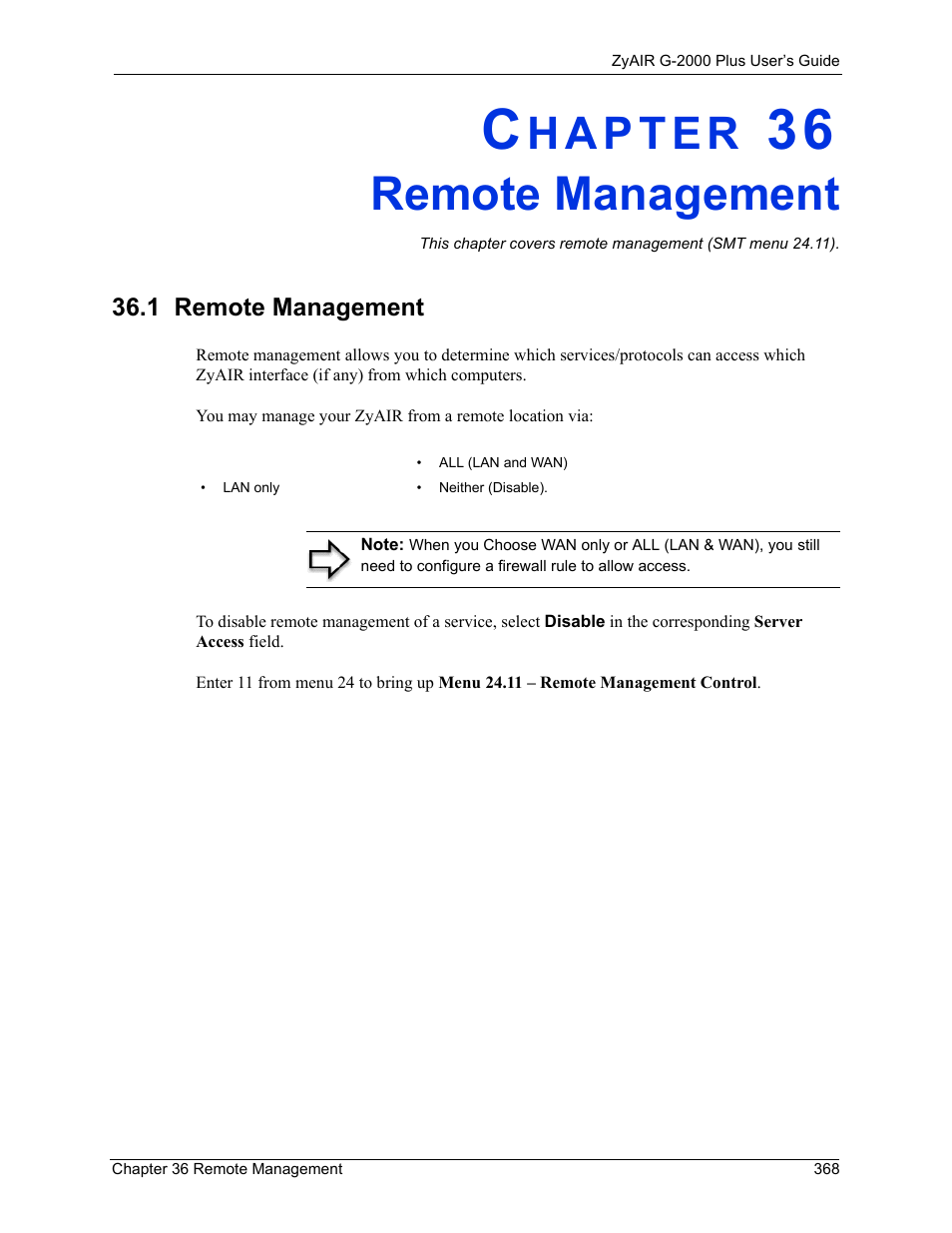 Remote management, 1 remote management, Chapter 36 remote management | ZyXEL Communications G-2000 Plus User Manual | Page 369 / 430