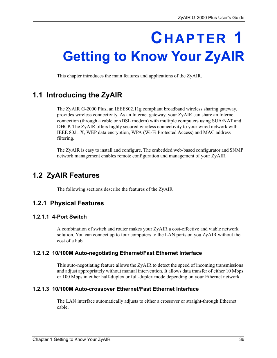 Getting to know your zyair, 1 introducing the zyair, 2 zyair features | 1 physical features, 1 4-port switch, Chapter 1 getting to know your zyair, 1 introducing the zyair 1.2 zyair features | ZyXEL Communications G-2000 Plus User Manual | Page 37 / 430