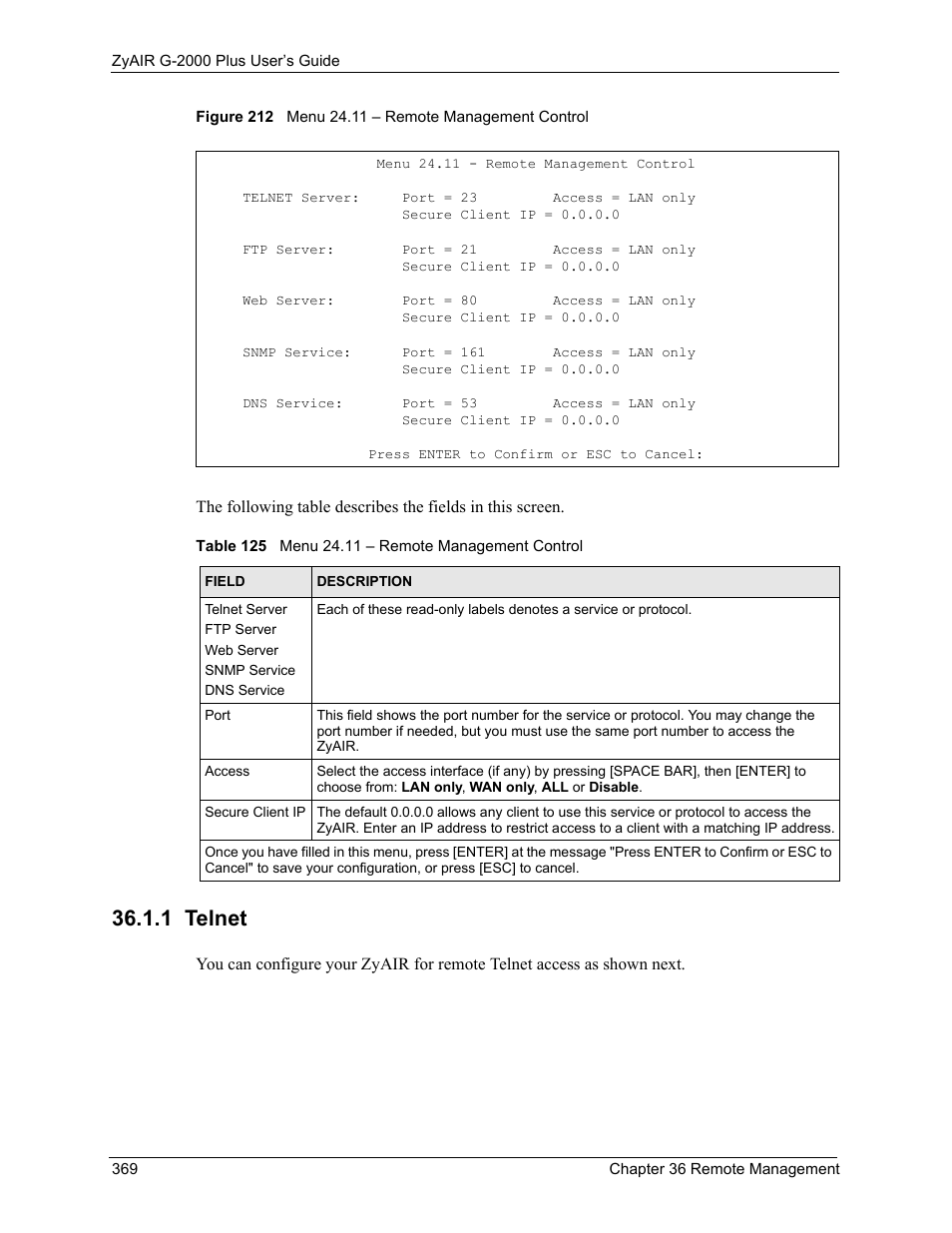 1 telnet, Figure 212 menu 24.11 – remote management control, Table 125 menu 24.11 – remote management control | ZyXEL Communications G-2000 Plus User Manual | Page 370 / 430