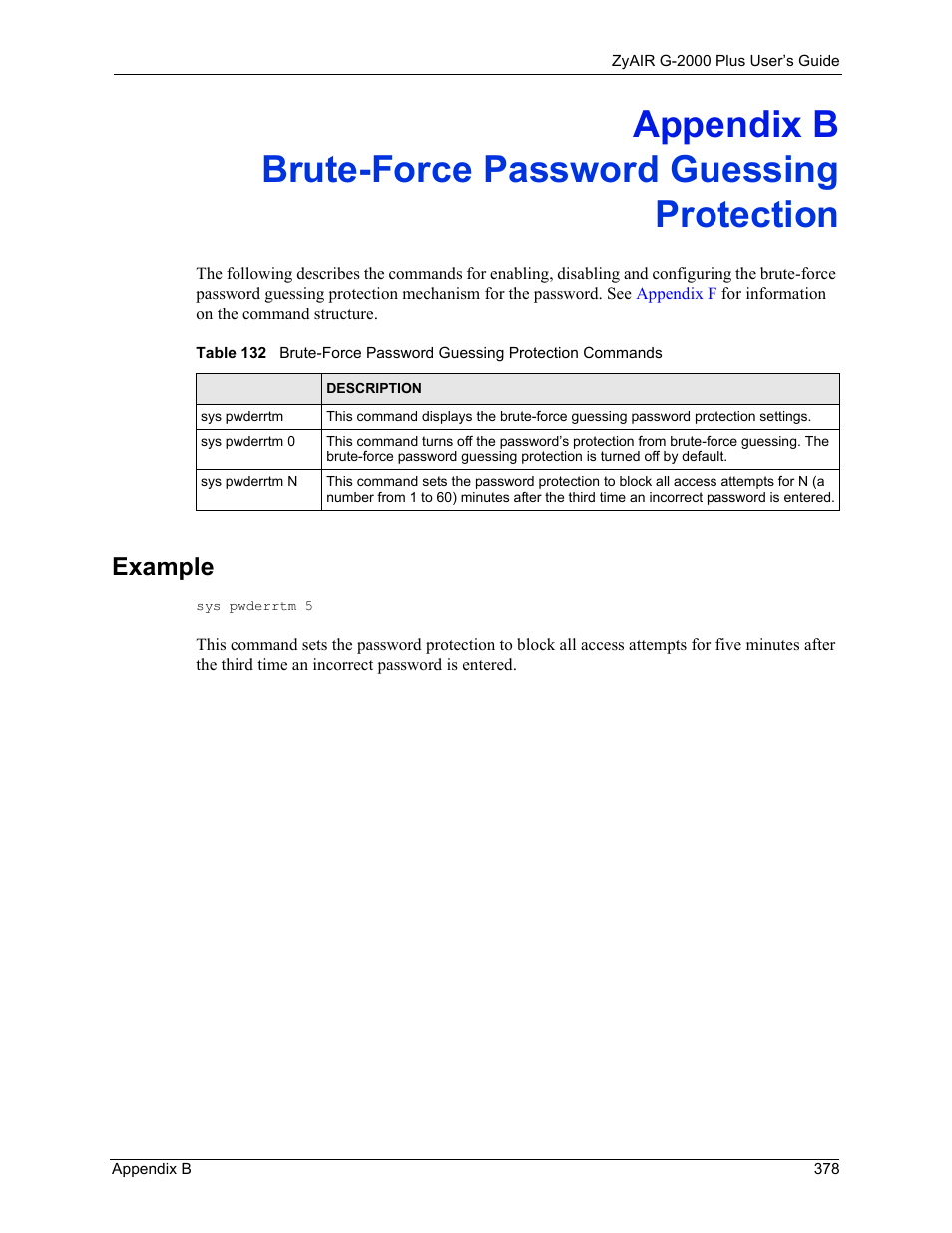 Appendix b, Brute-force password guessing protection, Example | ZyXEL Communications G-2000 Plus User Manual | Page 379 / 430