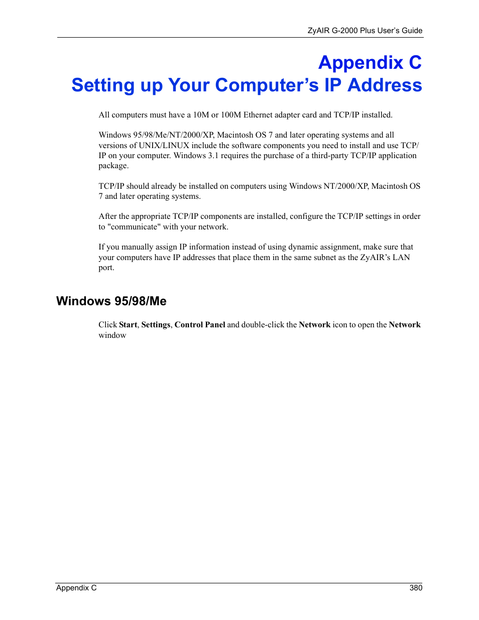 Appendix c, Setting up your computer’s ip address, Windows 95/98/me | Appendix c setting up your computer’s ip address | ZyXEL Communications G-2000 Plus User Manual | Page 381 / 430