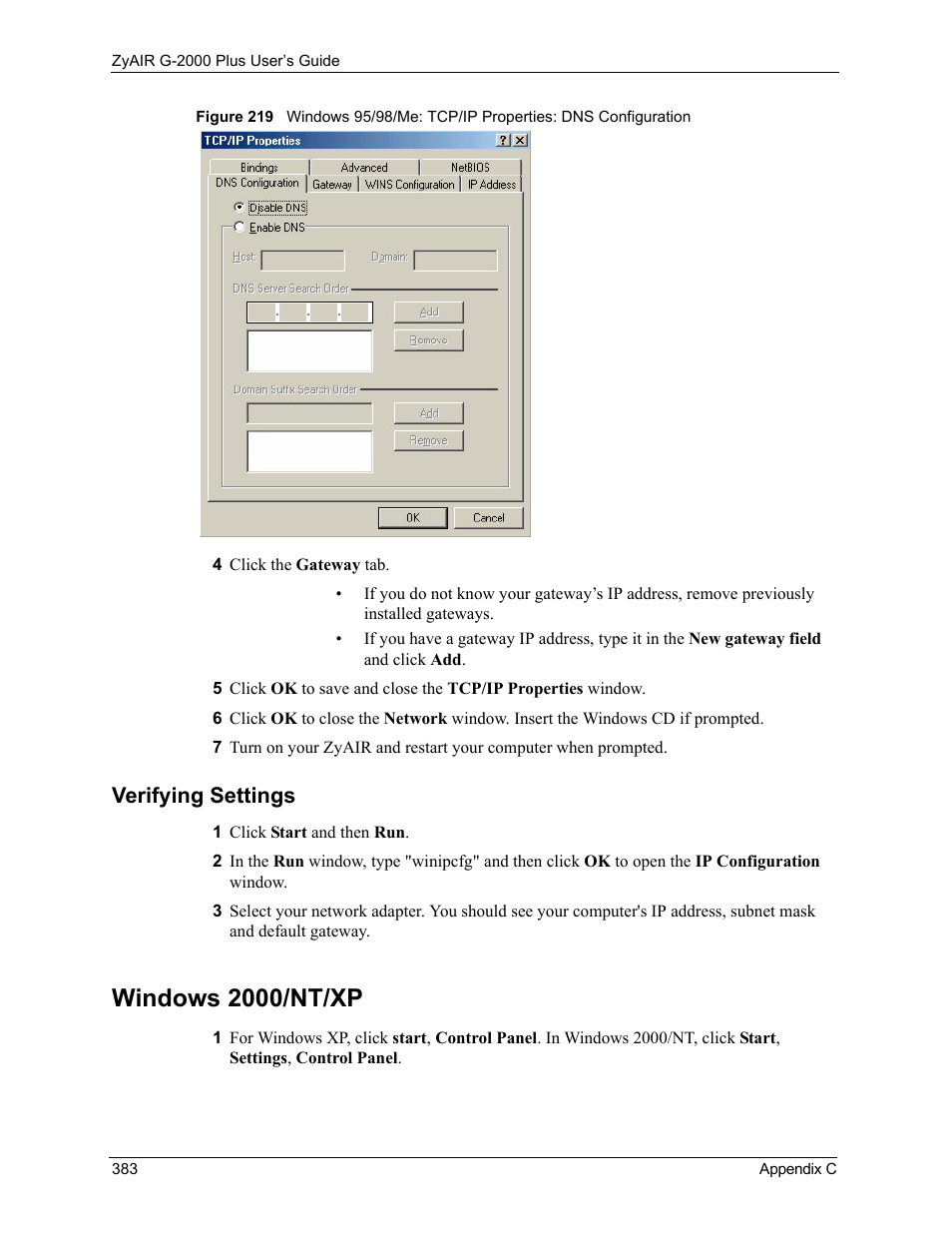 Verifying settings, Windows 2000/nt/xp | ZyXEL Communications G-2000 Plus User Manual | Page 384 / 430