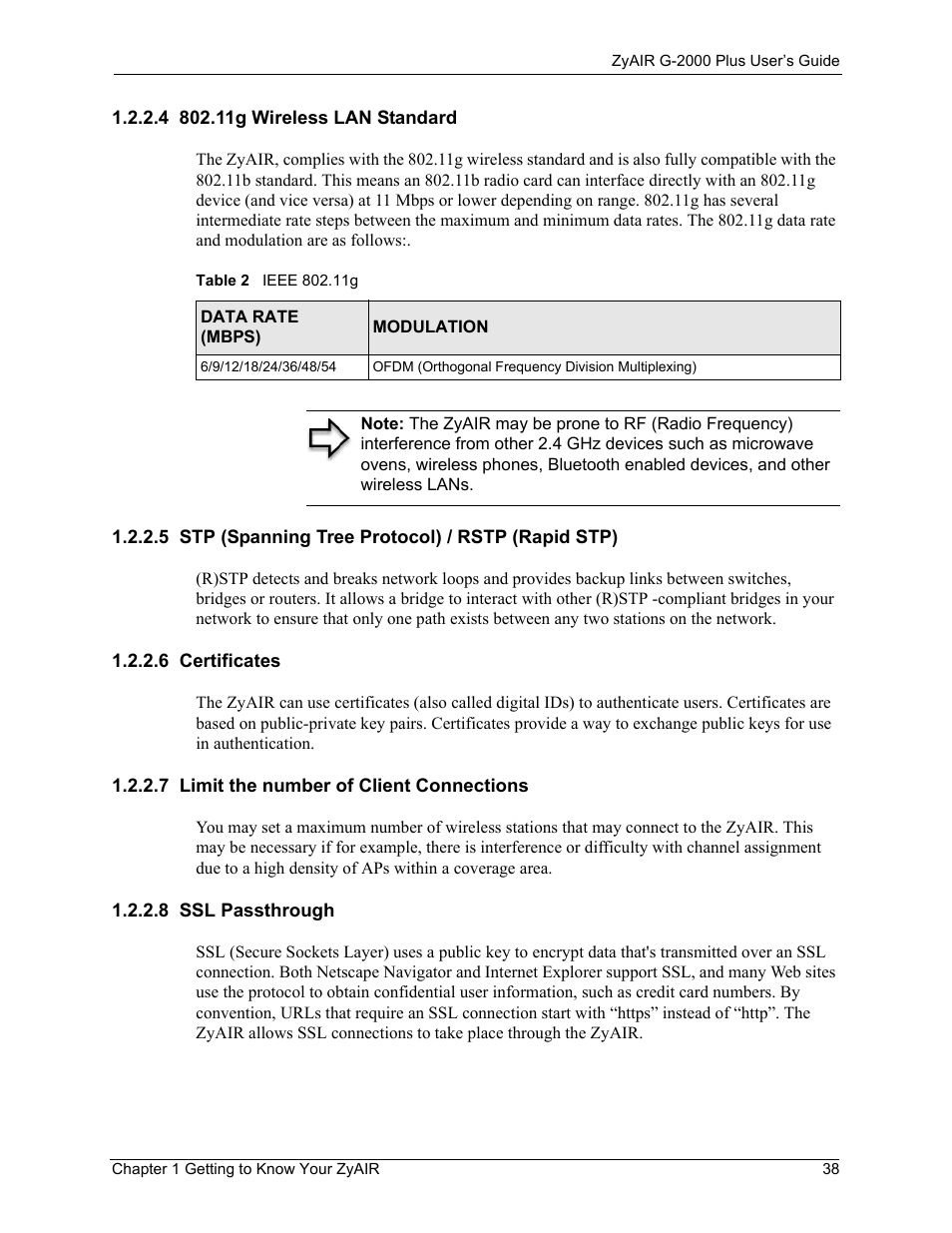 4 802.11g wireless lan standard, 5 stp (spanning tree protocol) / rstp (rapid stp), 6 certificates | 7 limit the number of client connections, 8 ssl passthrough, Table 2 ieee 802.11g | ZyXEL Communications G-2000 Plus User Manual | Page 39 / 430