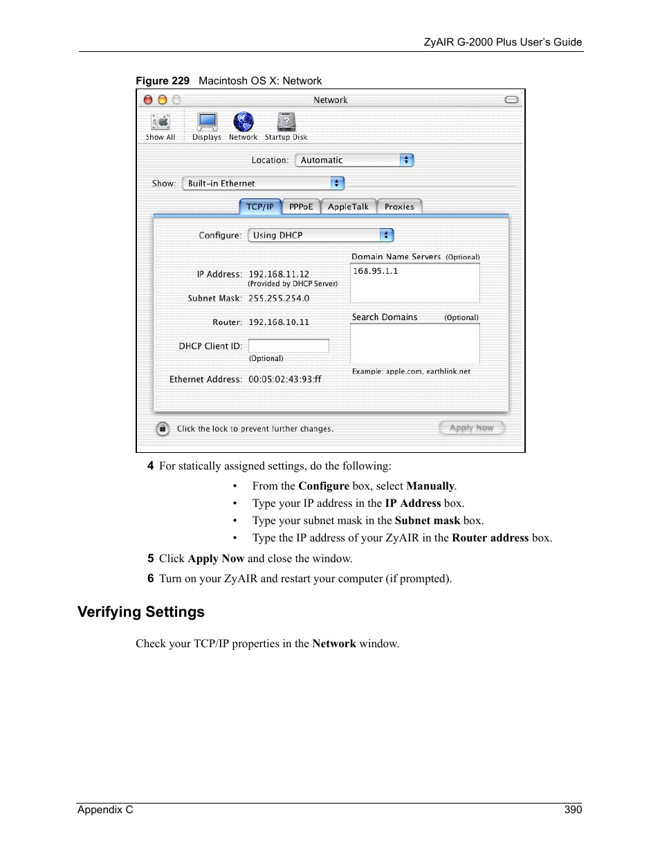 Verifying settings, Figure 229 macintosh os x: network | ZyXEL Communications G-2000 Plus User Manual | Page 391 / 430